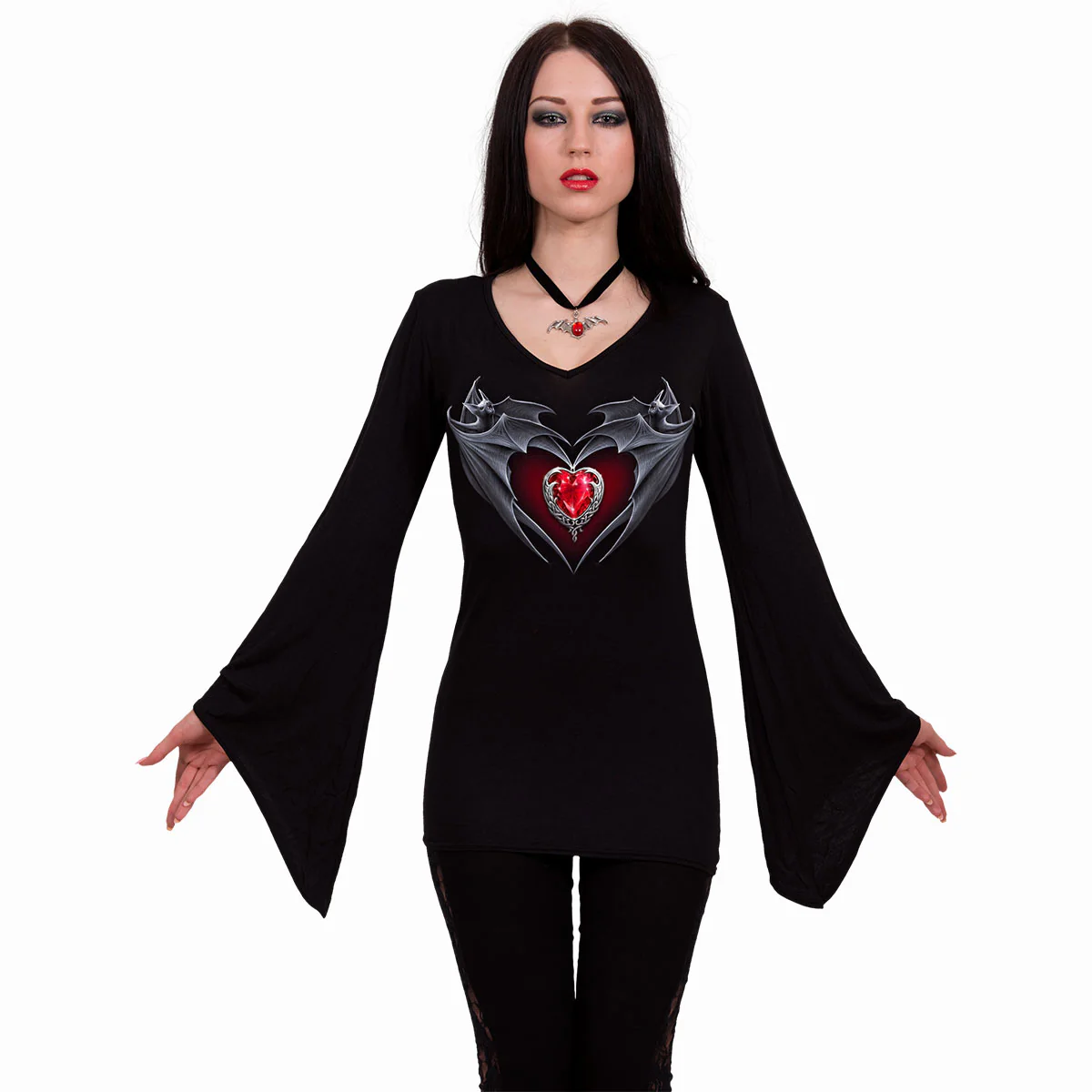 BAT'S HEART - V Neck Goth Sleeve Top Black - Image 2