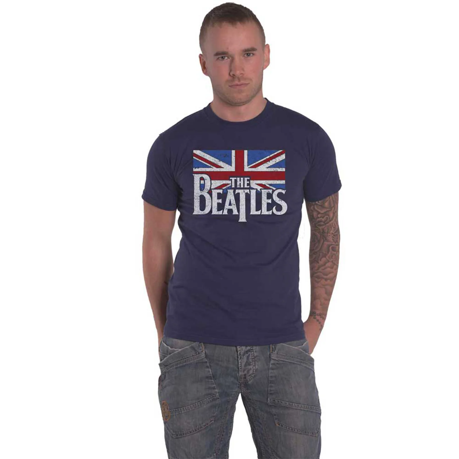 THE BEATLES - DROP T LOGO & VINTAGE FLAG - T-Shirt Blue - Image 2