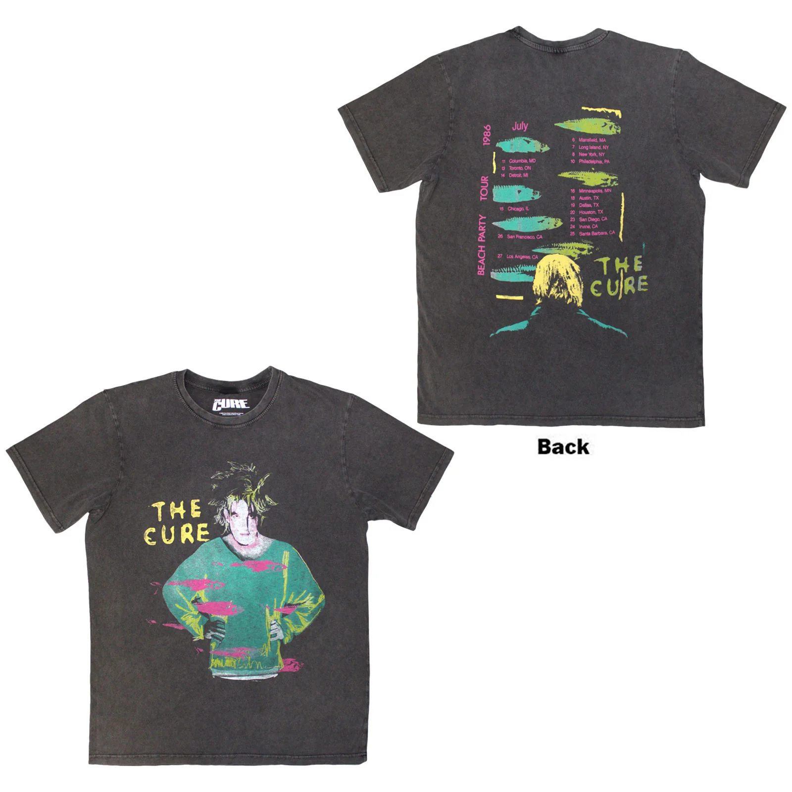 THE CURE - BEACH PARTY TOUR '86 - Stone Wash T-Shirt Grey (Back Print)