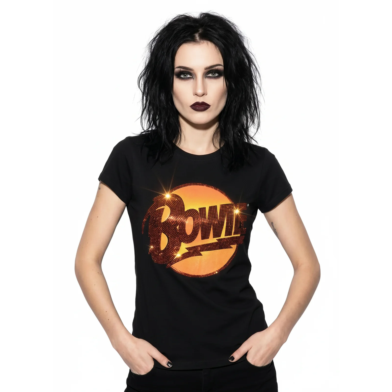 DAVID BOWIE - DIAMOND DOGS LOGO - Ladies T-Shirt Black (Embellished) - Image 2