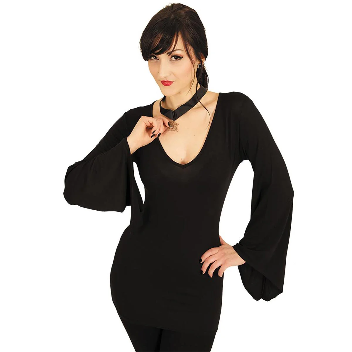 GOTHIC ELEGANCE - V Neck Goth Sleeve Top Black - Image 2