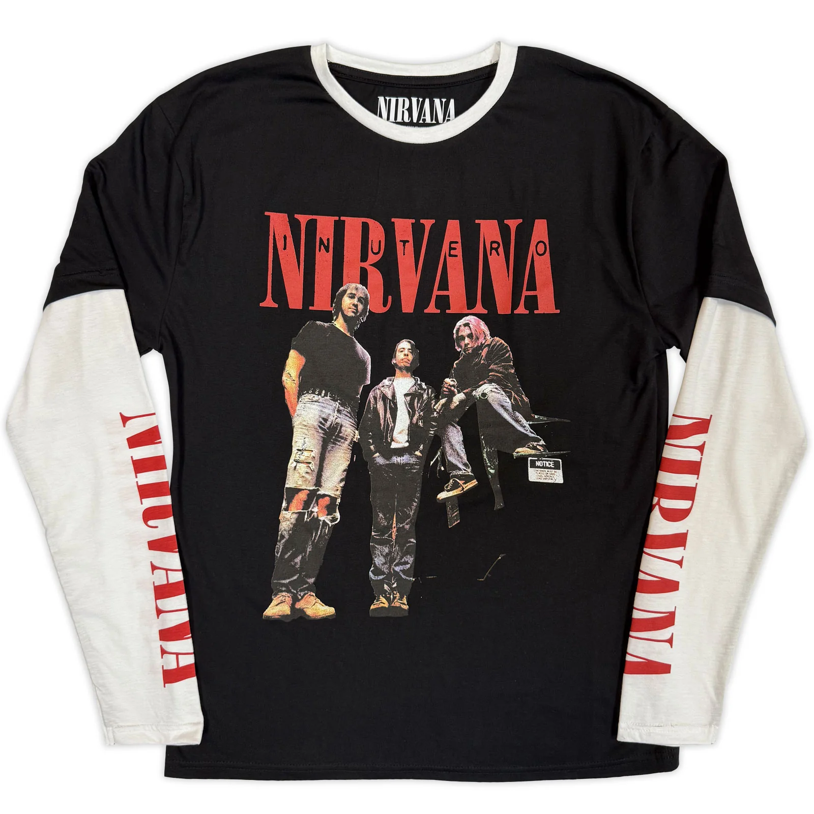 NIRVANA - IN UTERO BAND PHOTO - Layered Long Sleeve T-Shirt Black, White (Sleeve Print)