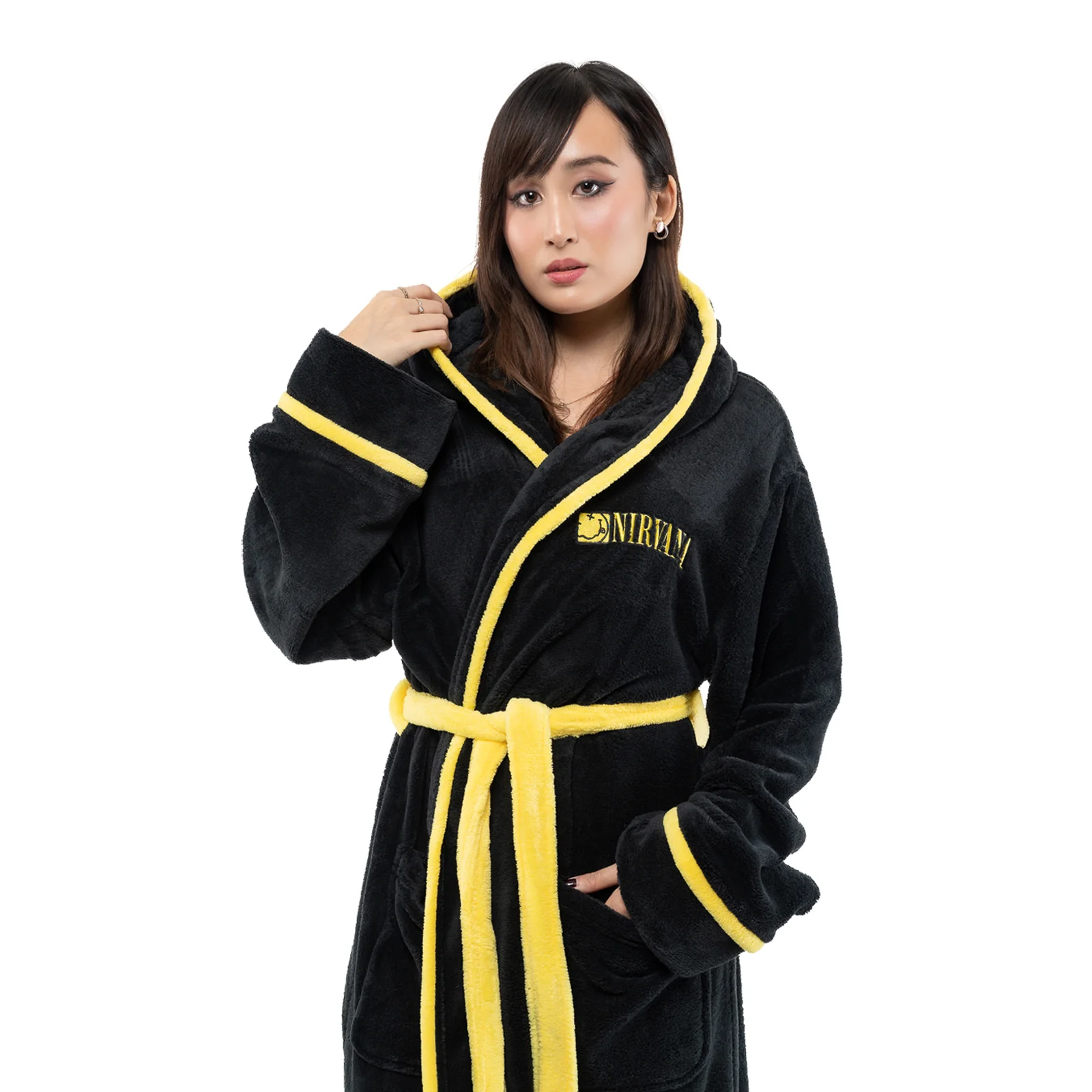 NIRVANA - YELLOW HAPPY FACE - Bathrobe Black (Back Print) - Image 3