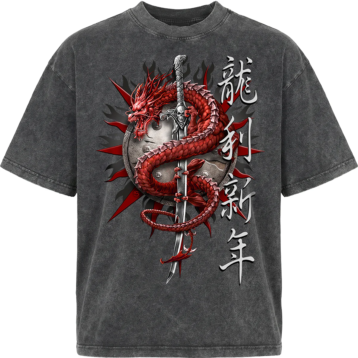 ORIENTAL DRAGON - Oversized Box T-Shirt Acid Wash Charcoal