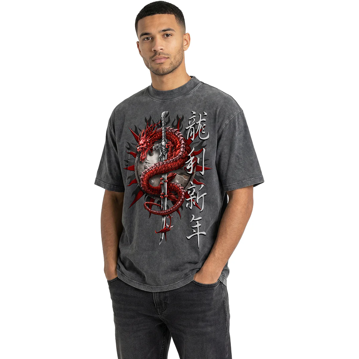 ORIENTAL DRAGON - Oversized Box T-Shirt Acid Wash Charcoal - Image 2