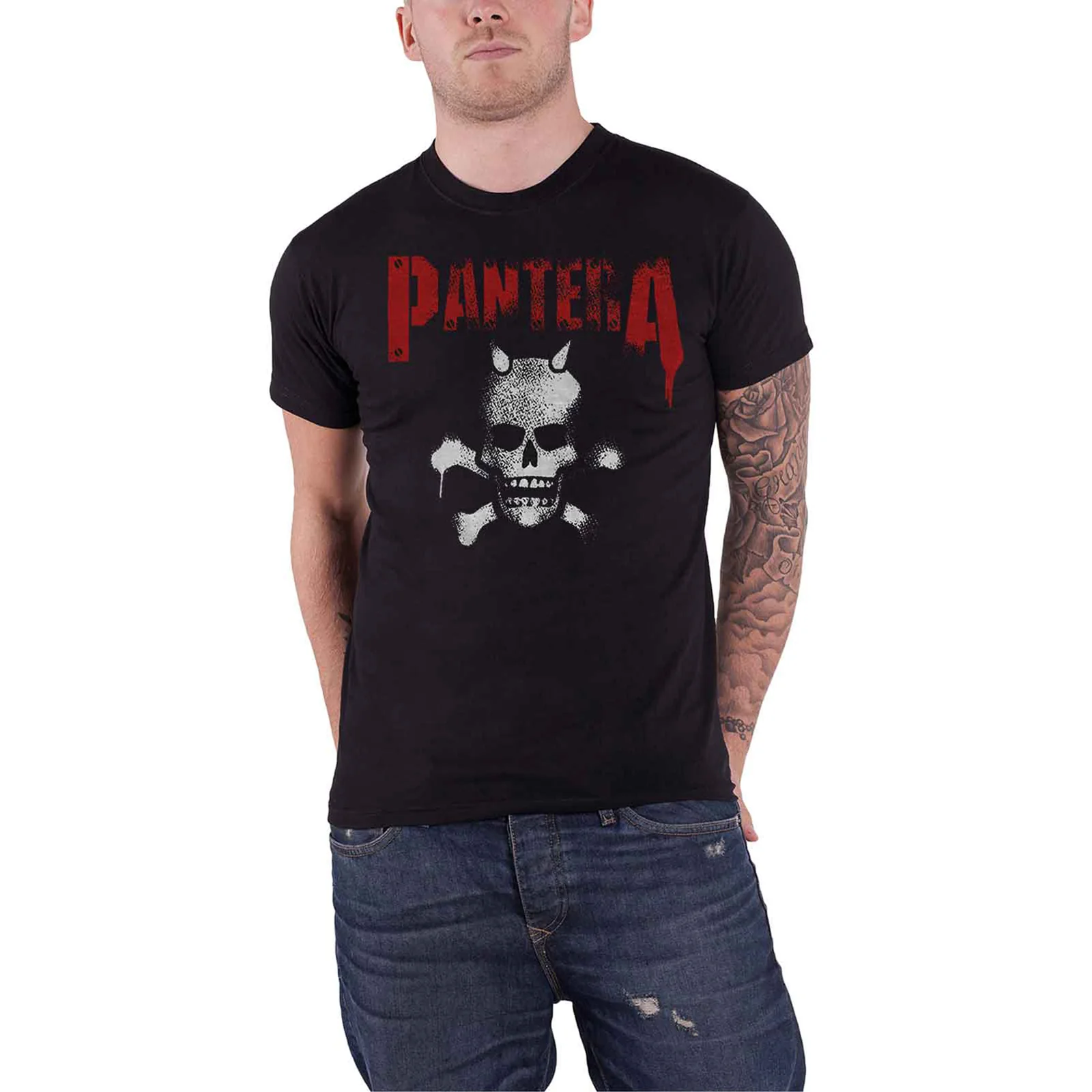 PANTERA - HORNED SKULL STENCIL - T-Shirt Black (Back Print) - Image 3