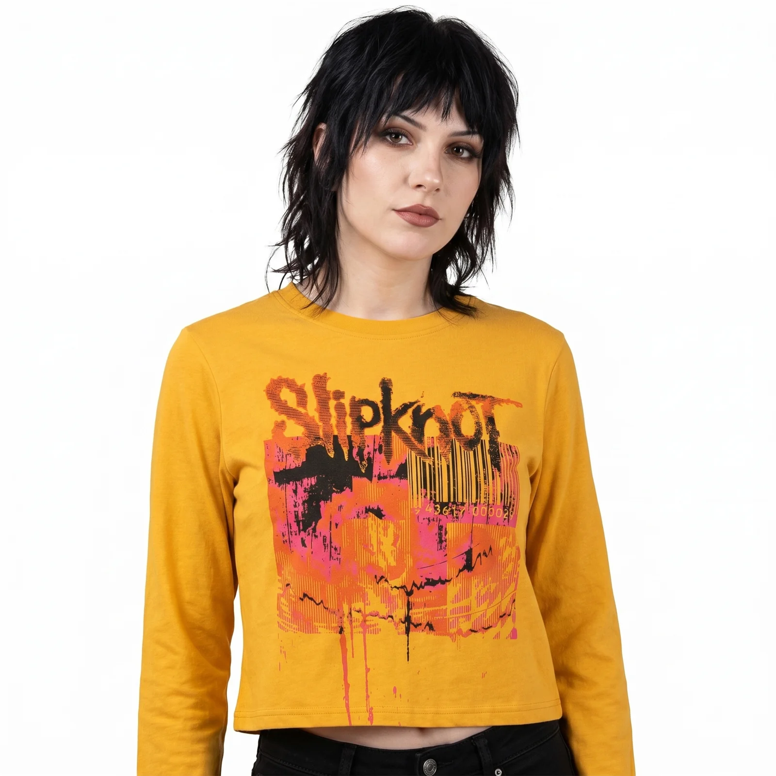 SLIPKNOT - THE END, SO FAR BARCODE - Long Sleeve Crop Top Yellow (Back Print) - Image 3