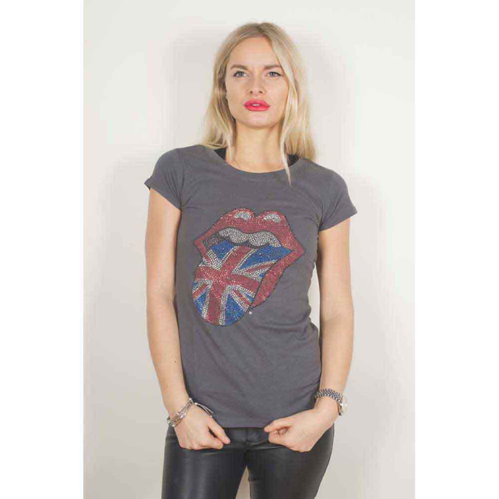 THE ROLLING STONES - CLASSIC UK TONGUE - Ladies T-Shirt Grey (Embellished) - Image 3